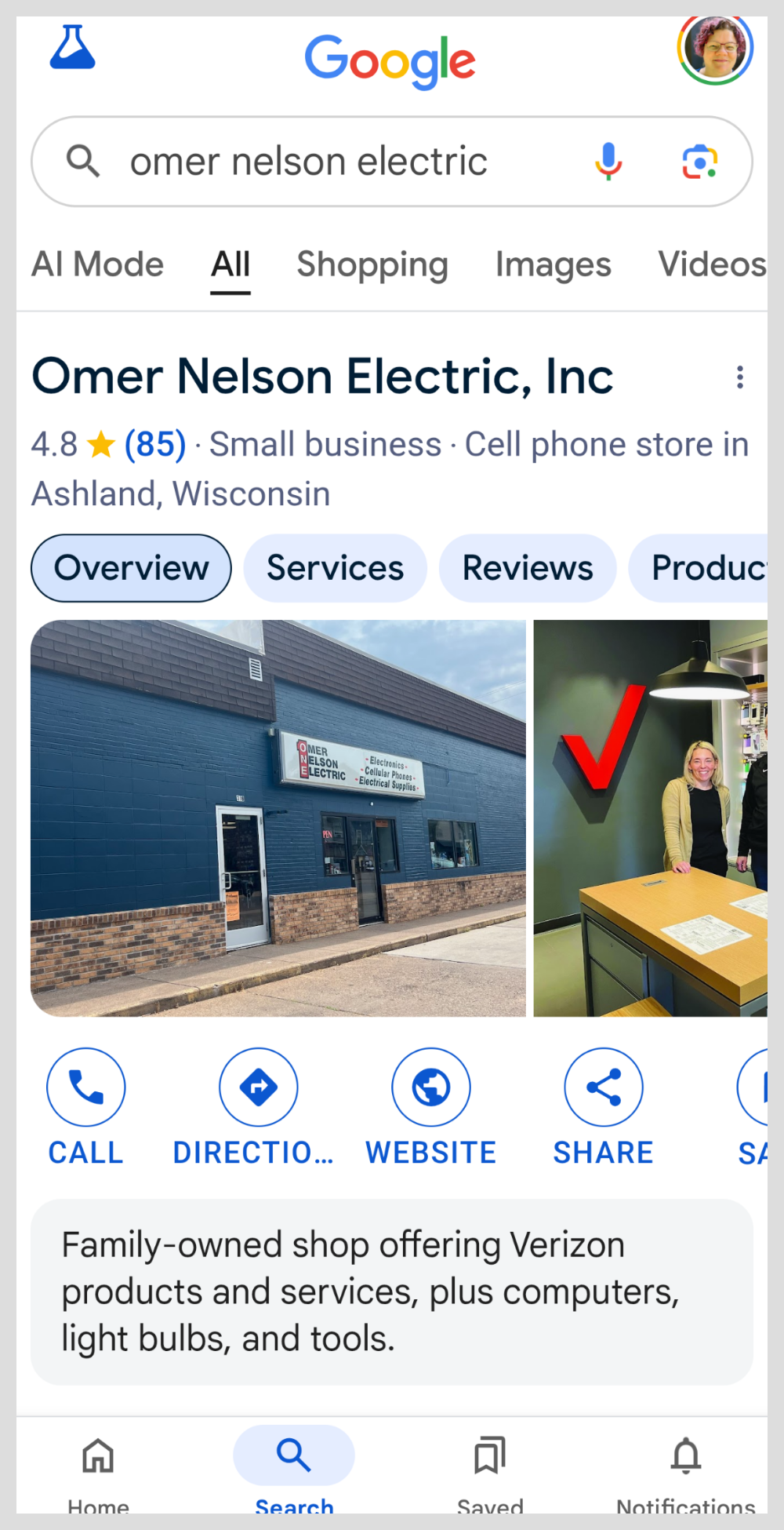 Mobile phone screenshot of a Google Business Profile